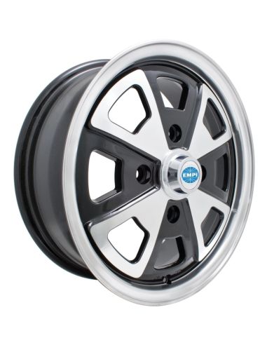 914 alloy wheeel, gloss black with polished lip and spokes, 5.5x15", 4x130, 4 1/2" back spacing